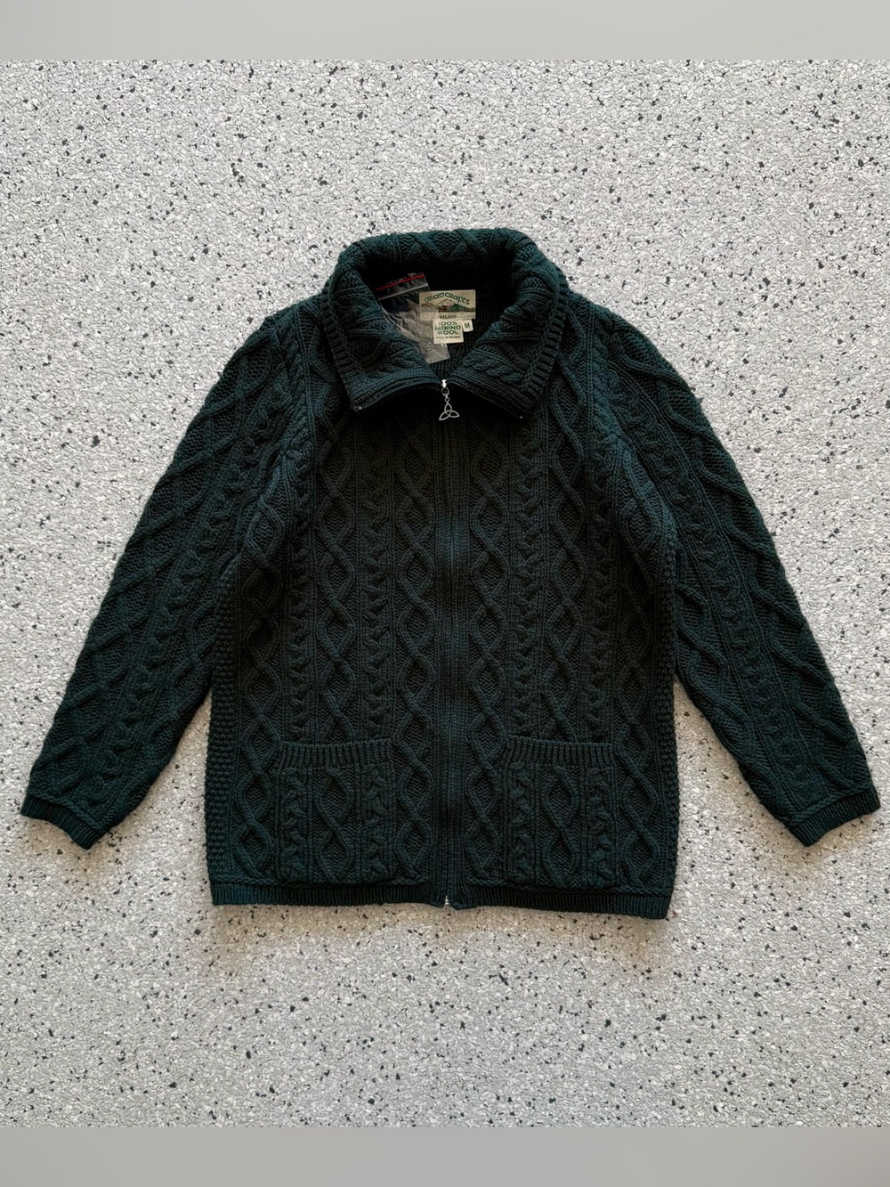 Vintage Aran Crafts Ireland Cable Knit Sweater Zip Up Merino Wool Green Medium